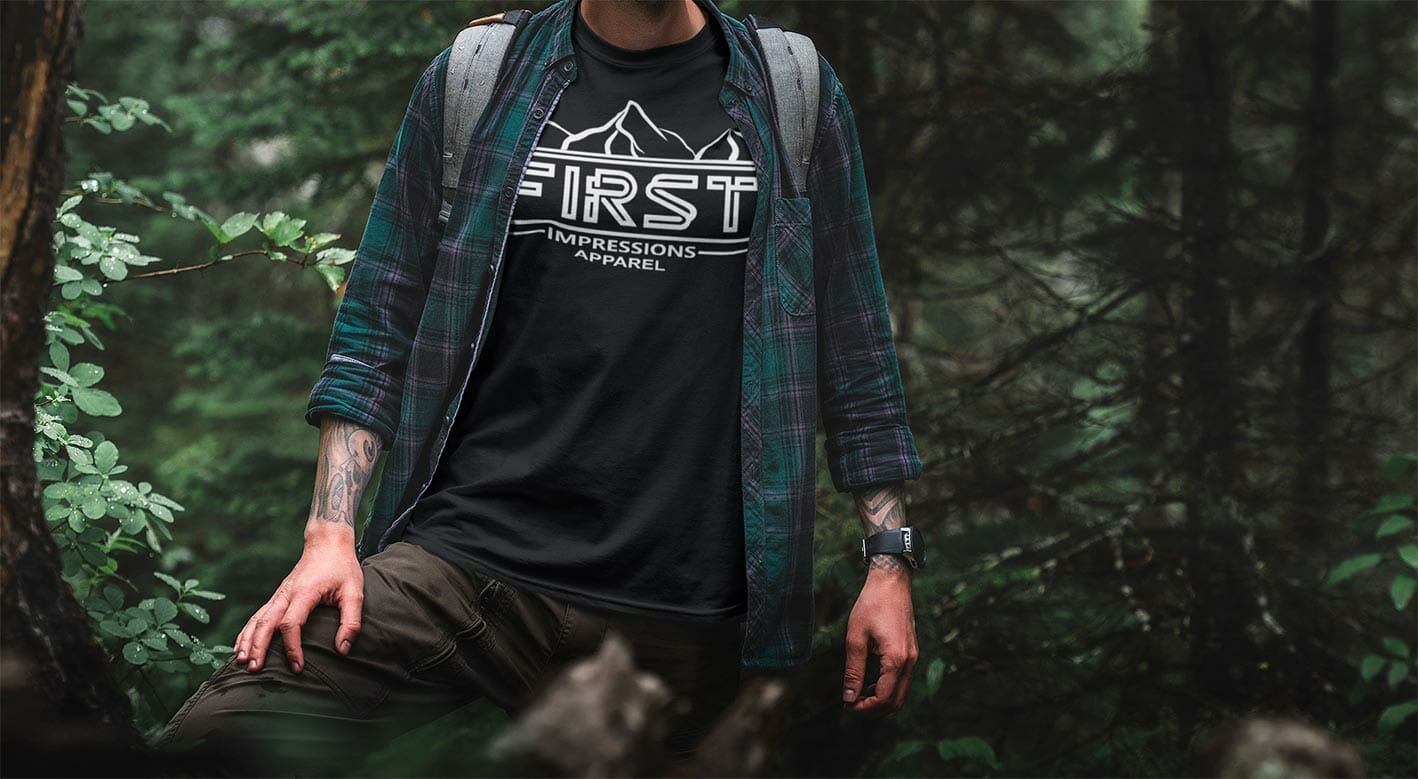 custom screen printed shirt in woods on man